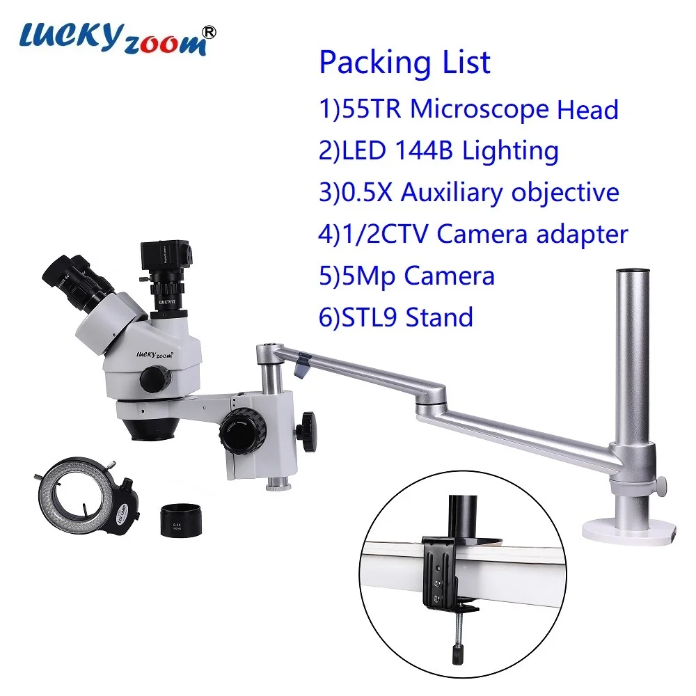 Morsetto da tavolo 3.5X-45X Microscopio trinoculare focale Simul Microscopio di riparazione professionale braccio flessibile fotocamera luce Set di