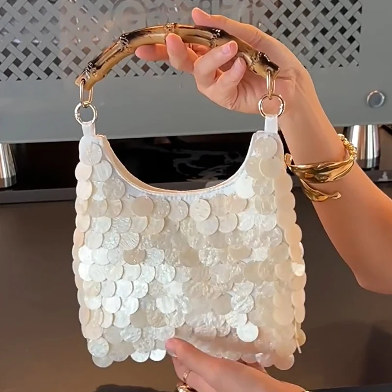 

Luxury High-end Bamboo Joint Hand Sewn Shell Bag Women French Fashion Elegant Handbag Evening Party Clutch Shiny Dumpling Bags