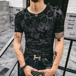 2023 Summer New Velour Clothes Men's Hollow Out Breathable Tops Round Neck Slim Jacquard Weave T-shirt