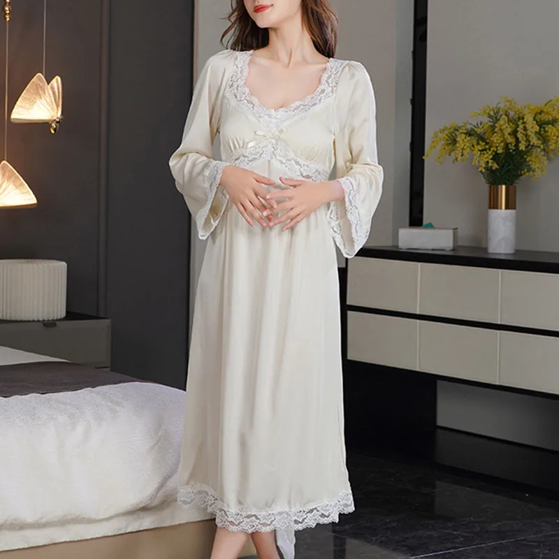 Women's Ice Silk Sleepwear, Elegant Princess Lace Nightdress, Long Sleeve Nightgowns, Casual Home Clothes, Spring, Autumn