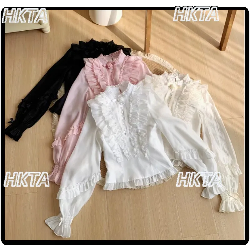 

Japanese Elegant Lantern Long Sleeve Stand Up Collar White Shirt Tops Commuter Pleated Bow Lace Up Waist sweet Blouses Women