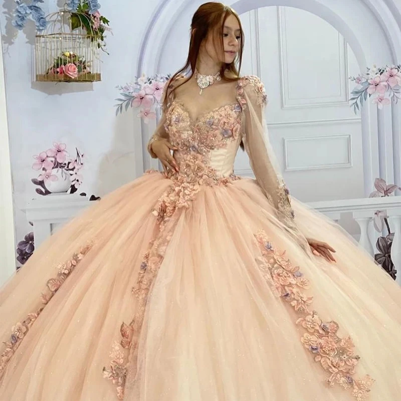 Angelsbridep Customized Long Sleeves Lace Up 3D Flowers Ball Gown Quinceanera Dress 15 Year Old Girls Formal Occasion Dresses