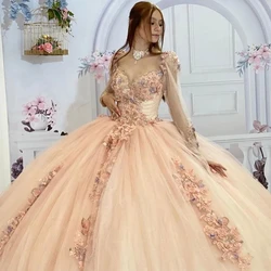 Angelsbridep Customized Long Sleeves Lace Up 3D Flowers Ball Gown Quinceanera Dress 15 Year Old Girls Formal Occasion Dresses