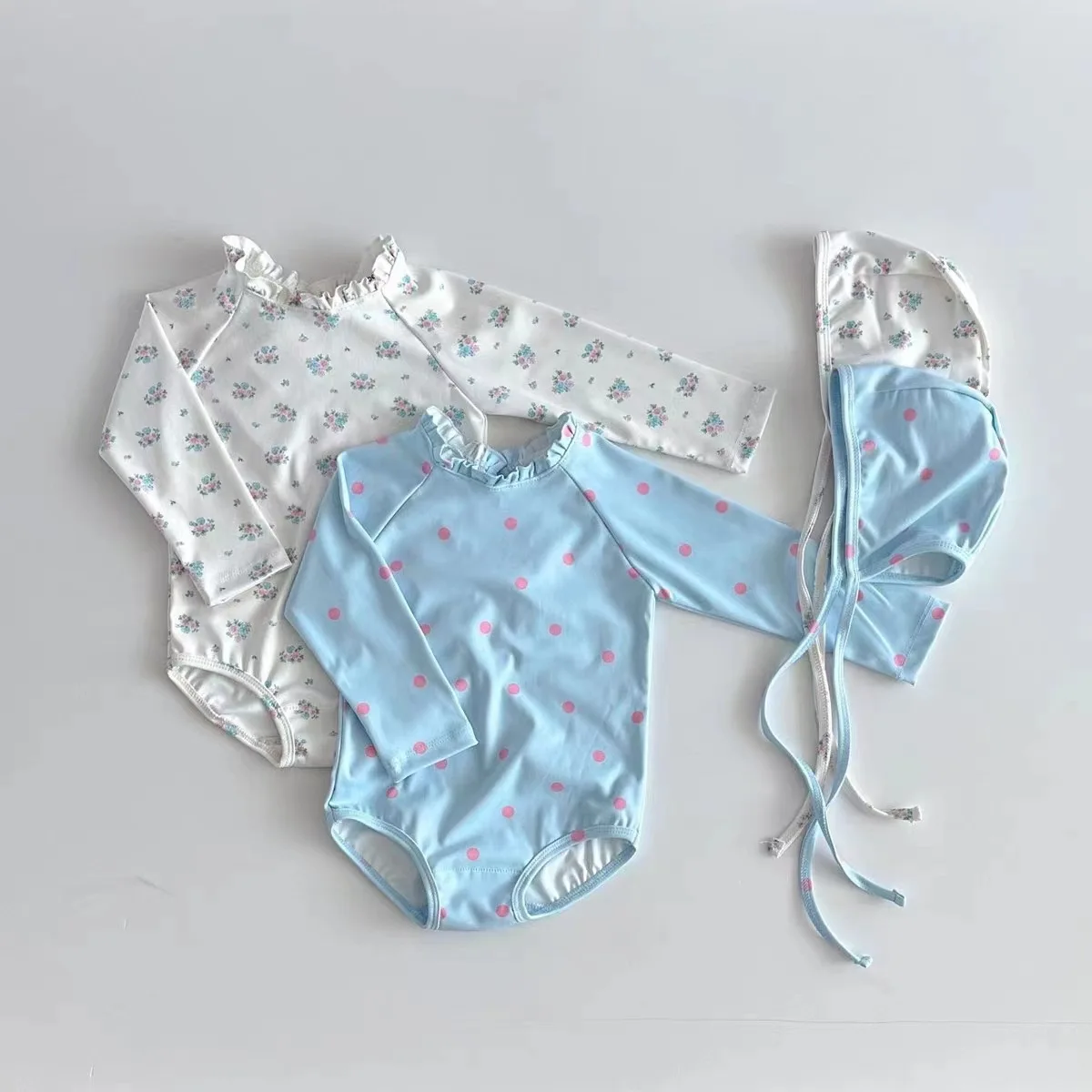 2026 Summer New Baby Girl Long Sleeve Floral Bodysuit + Hat 2pcs Suit Newborn Polka Dot Bathing Suit Infant One Piece Swimsuit