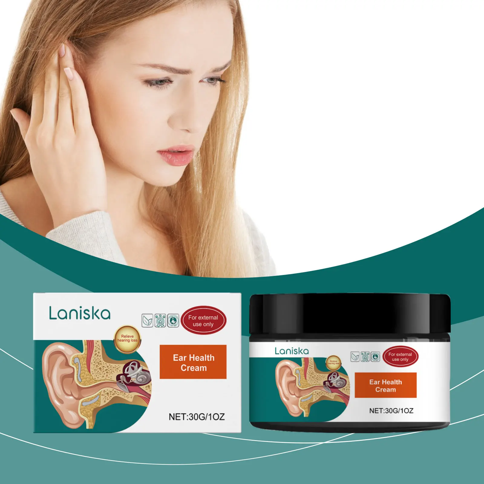Laniska Ear Ringing Relief Cream Alleviate Deafness Relieve Tinnitus Discomfort Earache Itchy Prevent Hearing Loss Earwax 30g