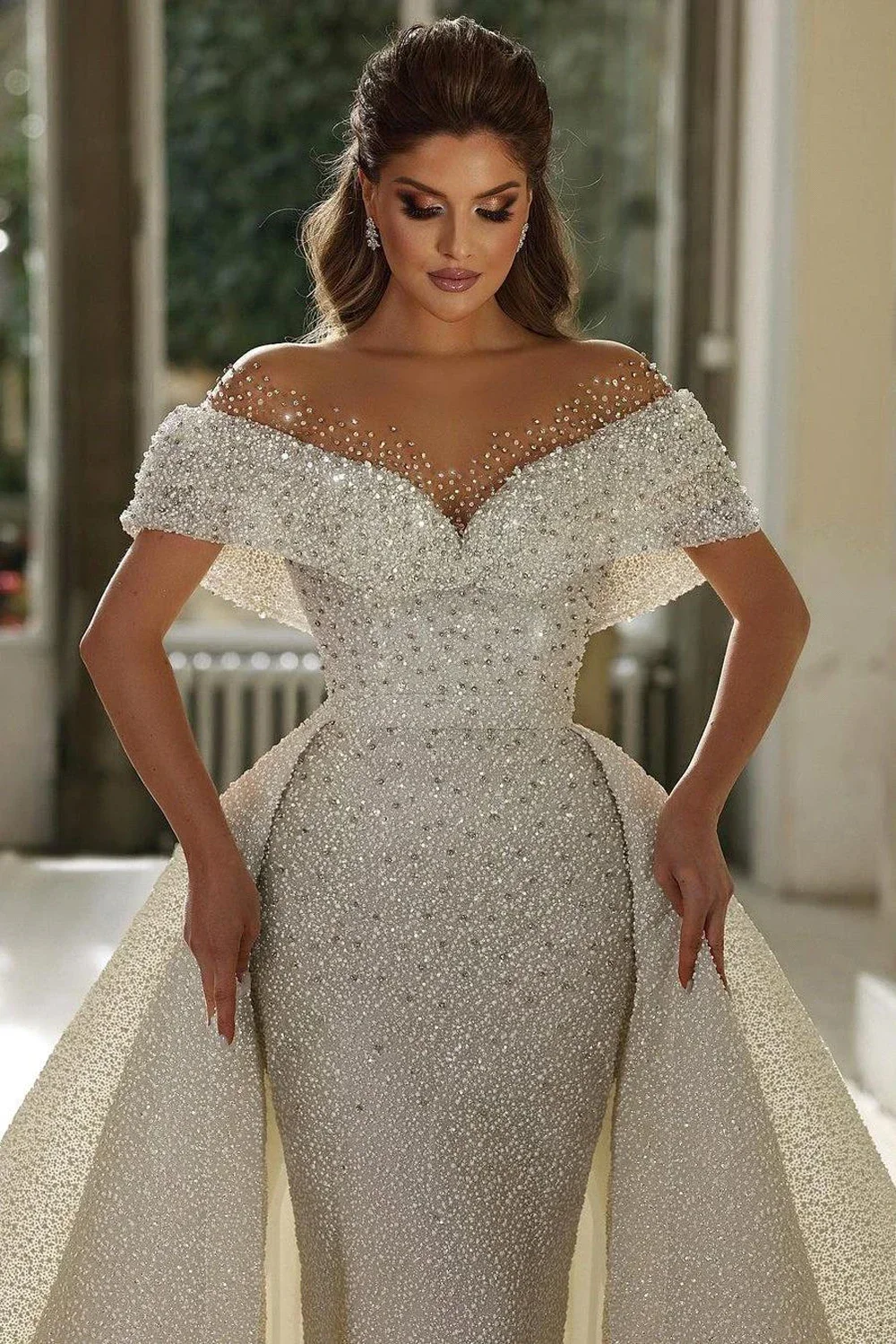 Luxury Mermaid Lace Crystal Bead Decoration Wedding Dress Sexy V-Neck Detachable Train Bride Dress Vestido De Novia Customized