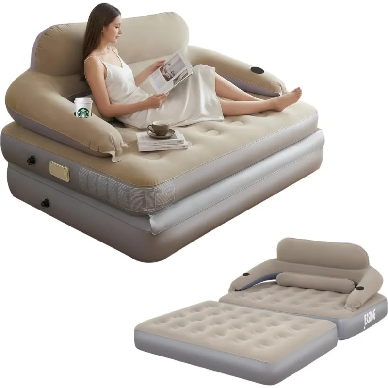 Colchón de aire Queen con bomba integrada, sofá cama inflable 2 en 1 para acampar, película para invitados, cabecero nocturno, portavasos