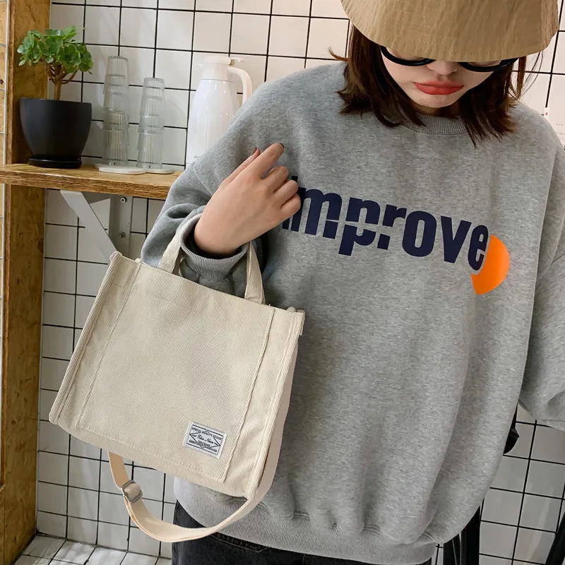 Women Corduroy Zipper Shoulder Bag Small Cotton Canvas Handbag Casual Tote Female Eco Crossbody Bag Vintage Messenger Bags