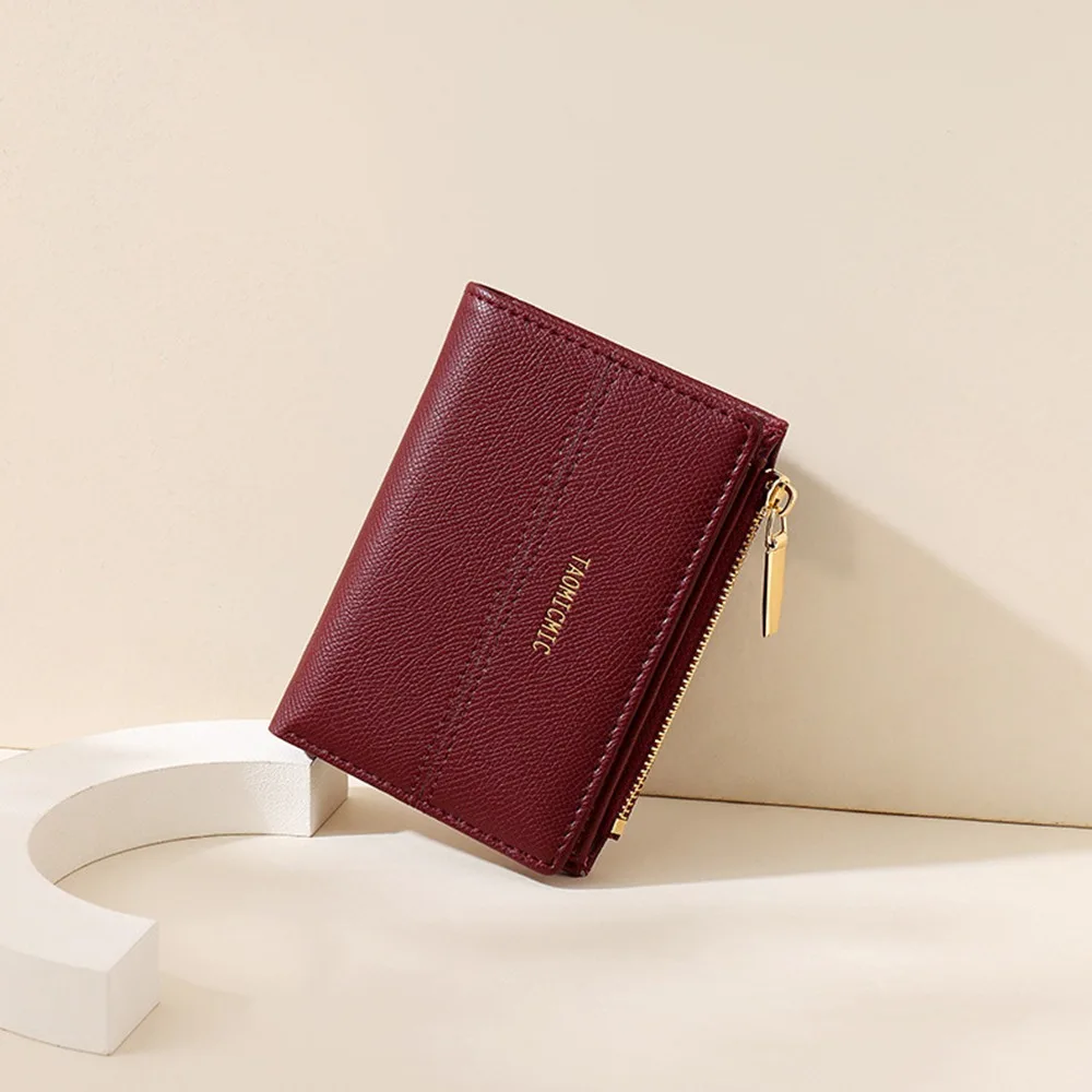 

Elegant Women Short Wallet Pu Leather Large Capacity Business Card Holder Solid Color Zipper Closure Bank/ID/Credit Card Bag