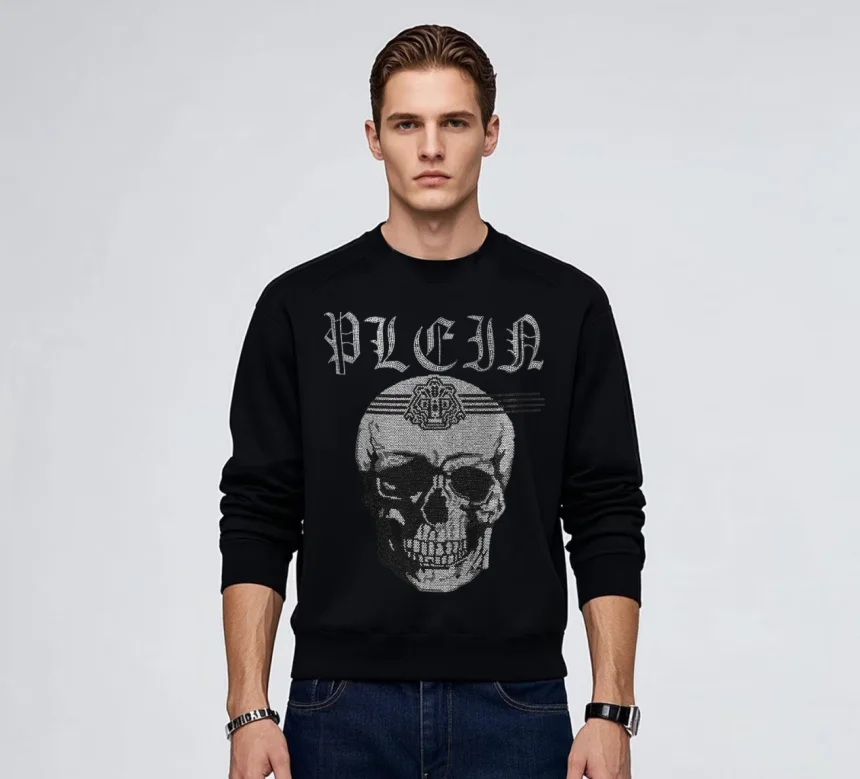 Trendy Brand Designer Men Rhinestone Sweatshirt Soft Cotton Fabric Long Sleeve Casual Fashion Top with Rhinestone Accents