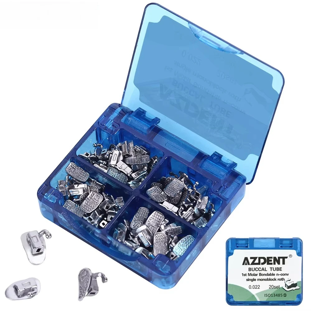AZDENT Dental Orthodontic Buccal Tube MIM Monoblock 1st/2nd Molar Bonding Non-Convertible Roth/MBT 80pcs Dentistry Materials