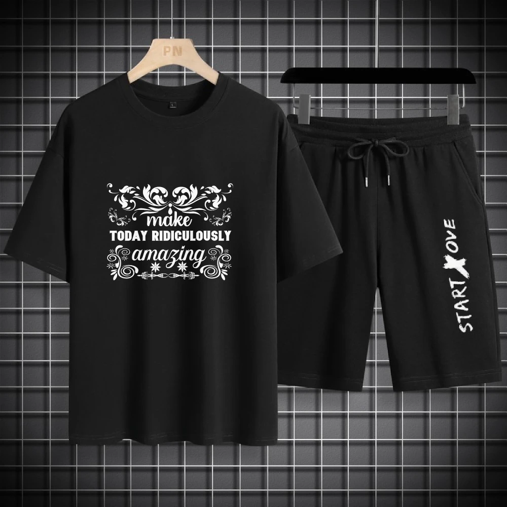 

2025 Summer Thin Polyester Fiber Men Glass love graffiti print Casual Set Soft Breathable Fabric Stylish Two Piece Outfit suits