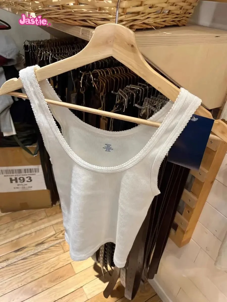 Camiseta sin mangas con ribete de encaje blanco para mujer, ropa sin mangas de algodón, chaleco Delgado, informal, sólido, Simple, dulce, camisola básica que combina con todo