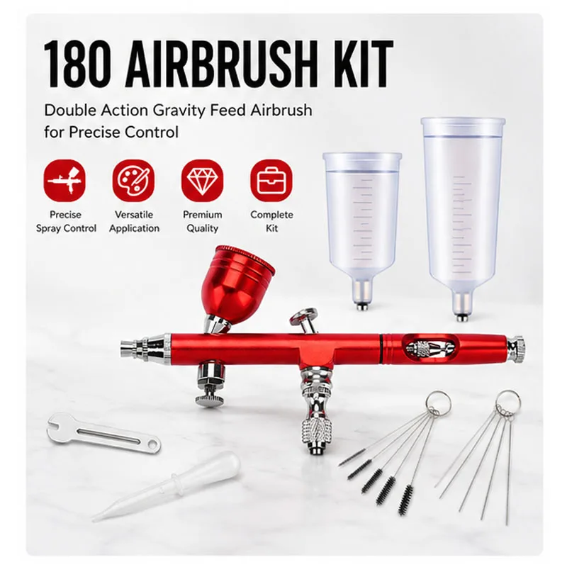 Airbrush Kit, Dual-Action Gravity Air Brush Gun with 3 Nozzle Sets, Aluminum Spray Gun for Makeup Nail Art Painting Model