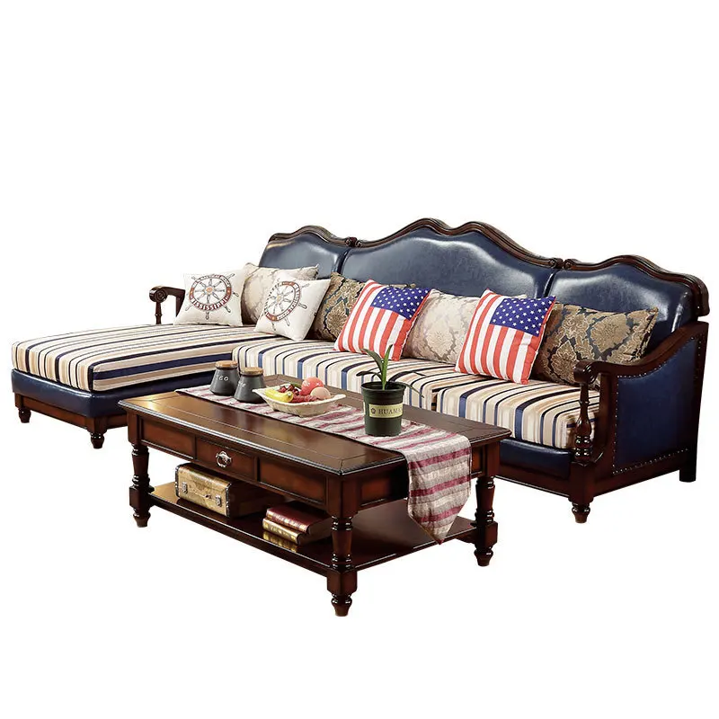

-For American Antique Roman Column L-Shaped Solid Wood Leather Fabric Sofa Set Extendable Living Room Furniture for Hotels&