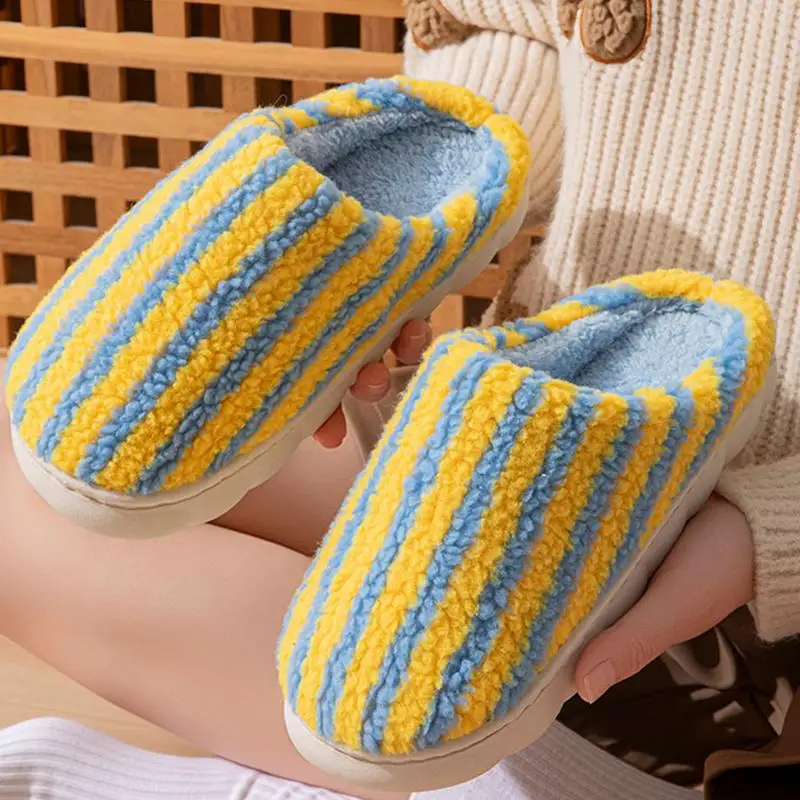 Modische Plüsch-Streifen-Hausschuhe für Damen Herbst Winter 2026 Dicke Plattform Baumwoll-Pantoffeln Warme Flauschige Rutschfeste Schuhe – Detail 9