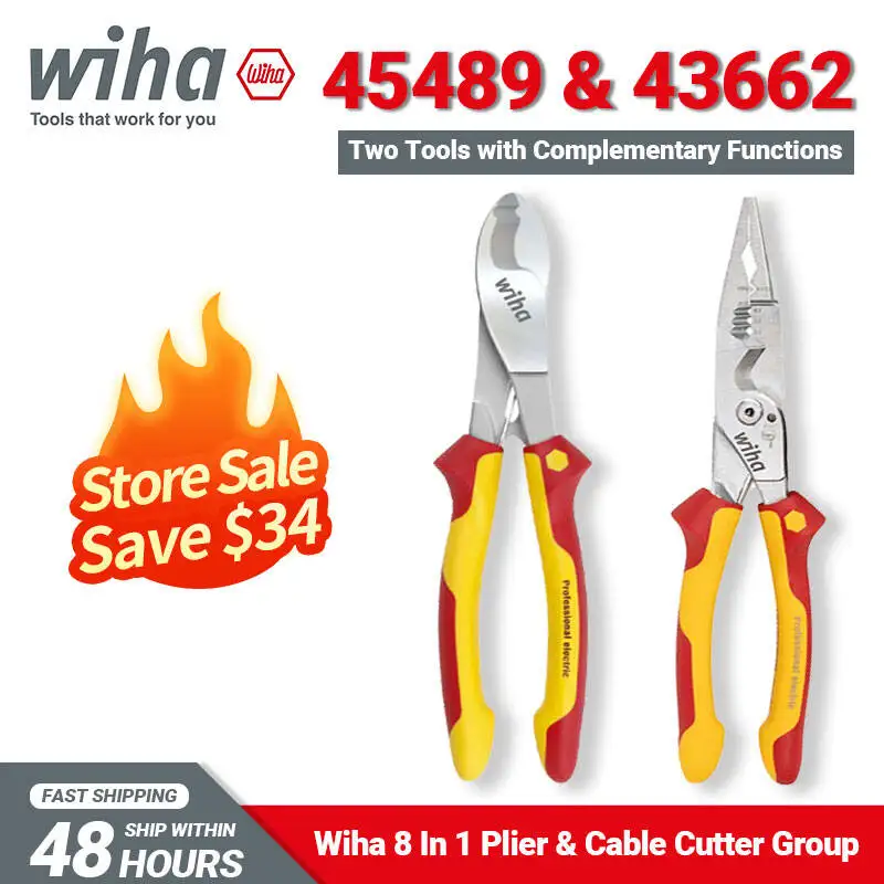 Wiha Tool Set 45489 Electrician 8-in-1 Multifunctional VDE-tested Plier 43662 Cable Cutter with Switchable Opening Spring