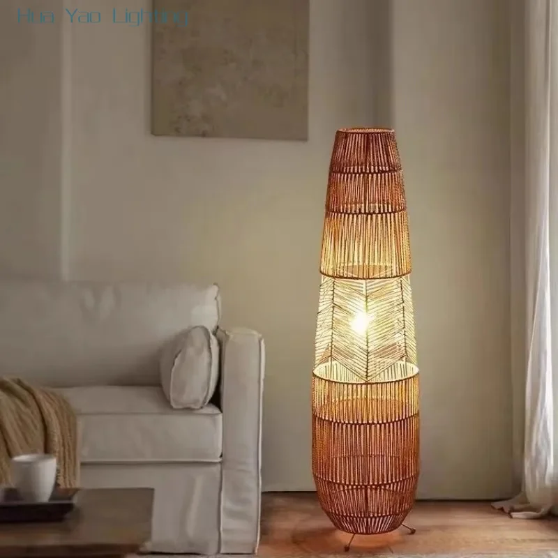 Vinatge Wicker Floor Light Handmade Rattan Floor Lamp for Living Room bedroom Sofa Decor LED Bedside Hand-woven table lamp