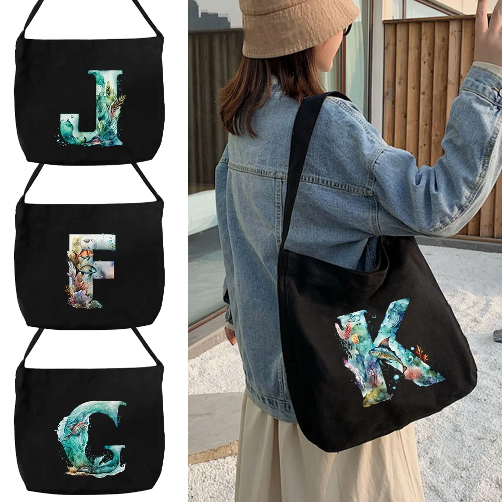 Tote Bag Canvas Shoulder Bag Black HandBags Large Capacity Women's Commuting Organizers Bag Fish Letter Printing Series