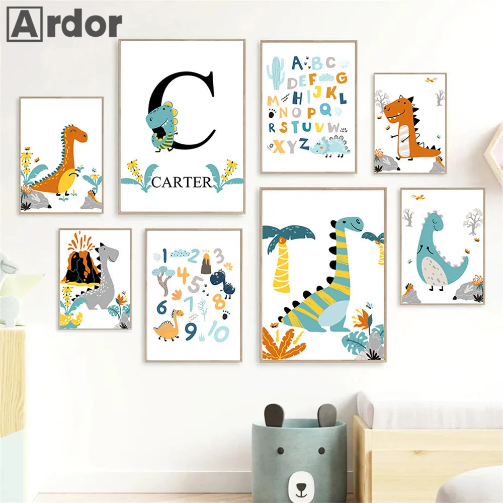 Alphabet and Number Wall Poster Boy Custom Name Canvas Painting Colorful Dinosaur Print Nursery Wall Art Picture Kids Room Decor