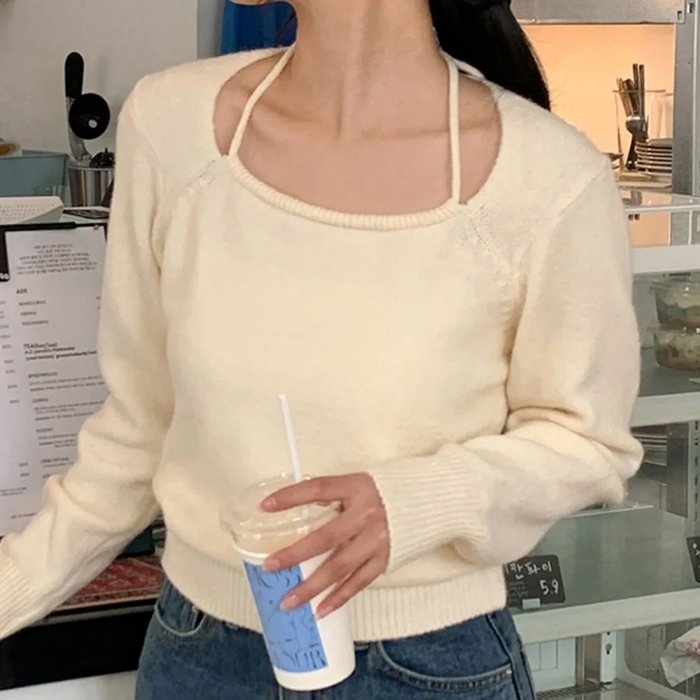 

Шикарный осенне-зимний вязаный свитер Thiened Long Sve, женский топ с квадратным воротником Faion Netie Knot