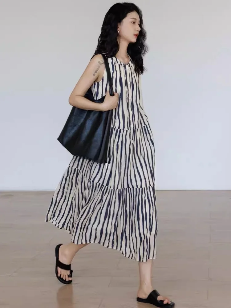 

Casual Loose Women's Vest Dress Rouje Kefss Summer Design Loose Casual Striped A-Line Skirt High Waist Long Sleeveless Dress