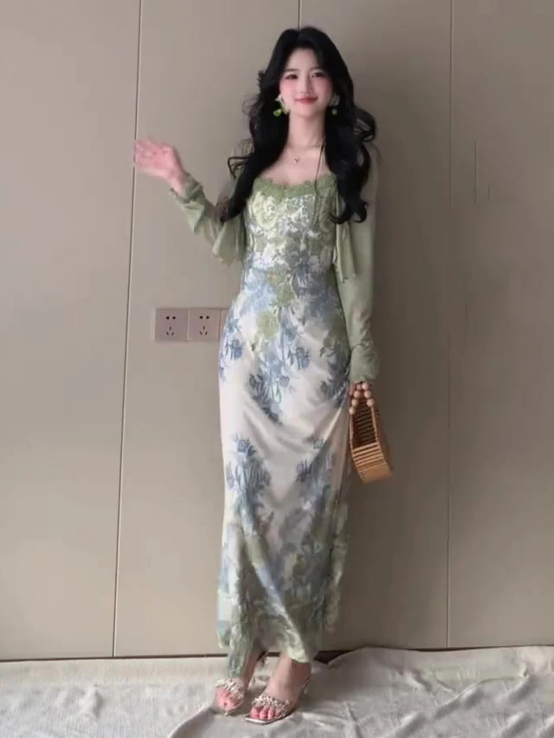 Beach Vaion Sle ter Dr Cardigan Oberbekleidung Taillenbetonter langer Rock Sommer Damen Französischer Sle Blumendruck Zweifarben...