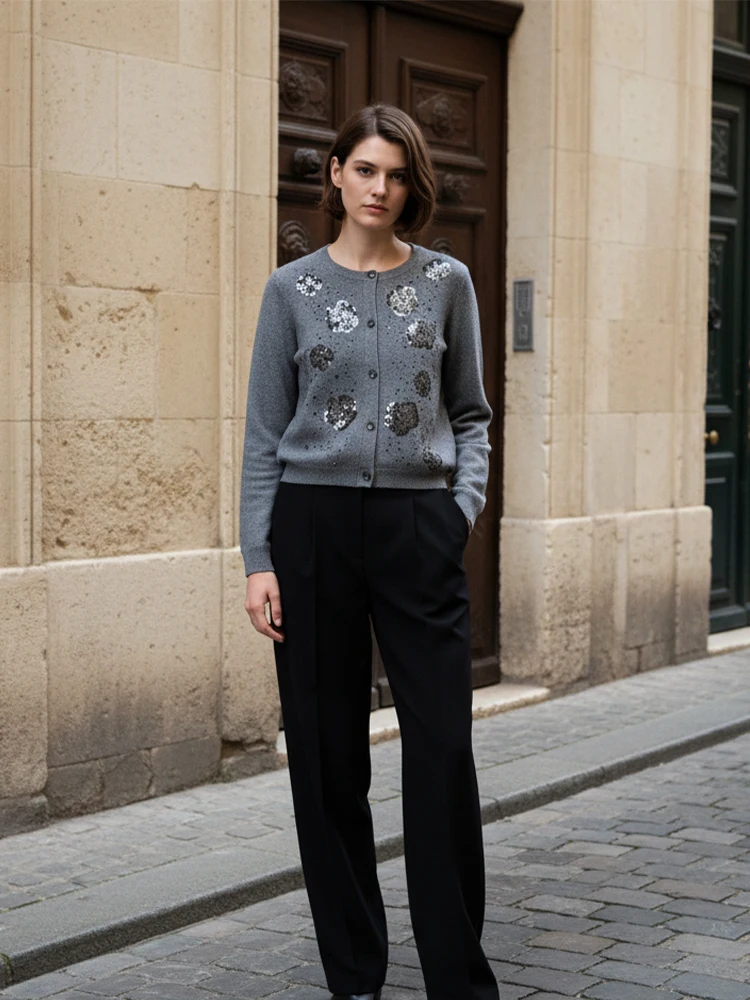 

Women Full Sleeves Single Breasted Knitted Short Sweate2026 Lady Street Outerwear New Retro Grey Beaded Sequin Cardiganr