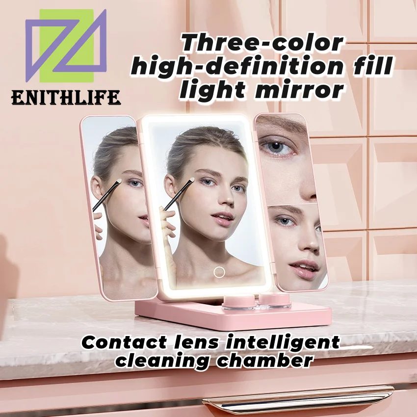 Specchio per trucco HD triplo piega con detergente per lenti a contatto Ingrandimento 3X Luci a 3 colori Luminosità regolabile Specchio cosmetico