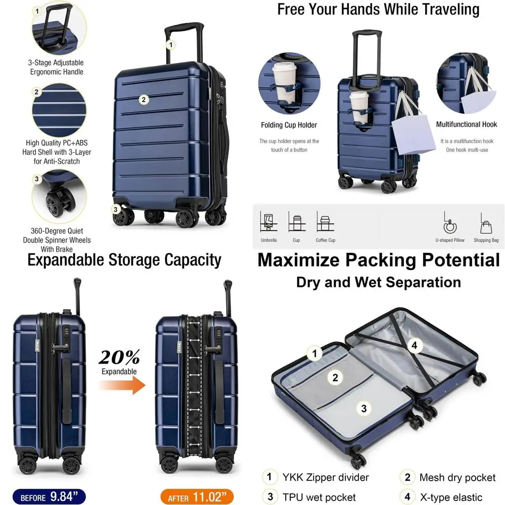 Mala de mão rígida azul marinho de 20 polegadas com trava TSA e suporte para copos para viagens