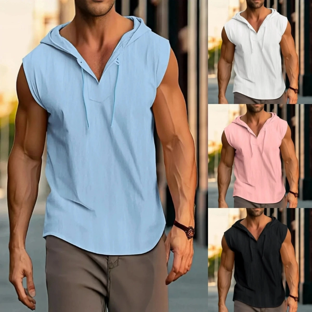 

Summer Casual Men's New Style Sleeveless Hoodie Solid Color, Loose and Comfortable Beach-Style Men's Pullover