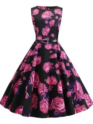 Elegant Floral Print Vintage Summer Dress for Women Sleeveless Retro Party Casual Office Tank Style