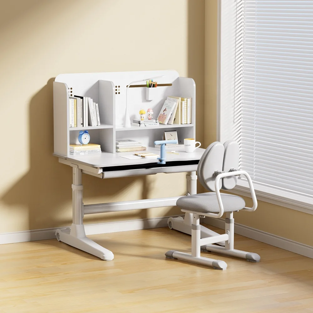 高さ調節可能な本棚収納引き出し付き子供用学習机椅子セット、自宅学習用ライティングテーブル