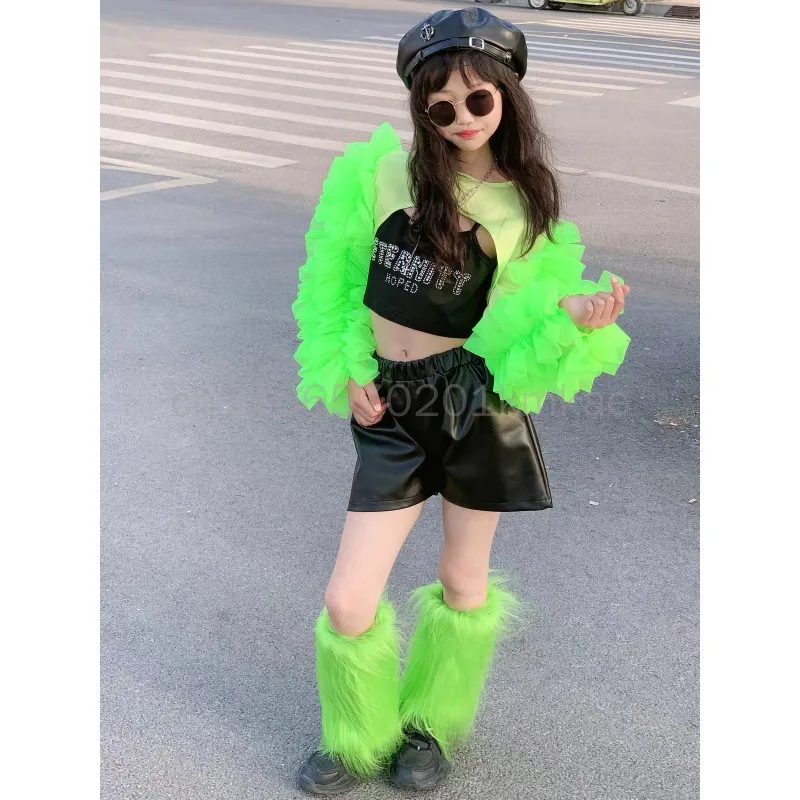 Trendy K-pop Stage Outfit Green Puff Crop Blouse Faux Leather Shorts Set Breathable Elastic Fabric Hip Hop Jazz Street Performan