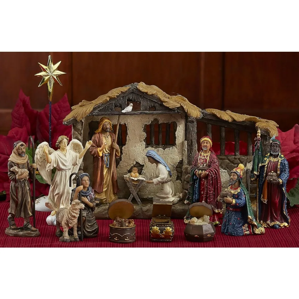 Three Kings Gifts Nativity Set for Christmas Indoor 23 Piece 5 Inch Figures with Lighted Stable, Palm Tree and Chests