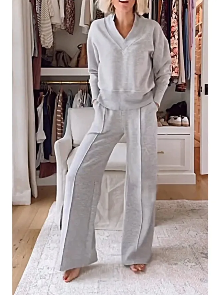 Autumn Winter Casual V-neck Long Sleeve Sweatshirt Wide Leg Pant Sets Women Solid Loose Pocket Trousers Sports 2-pieces Sets