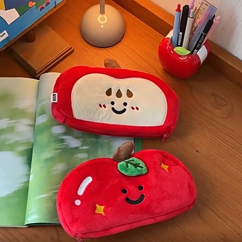 1 Piece Apple Large Capacity Cosmetic Bag New Plush Pen Bag Double Sided Portable Stationery Organizer