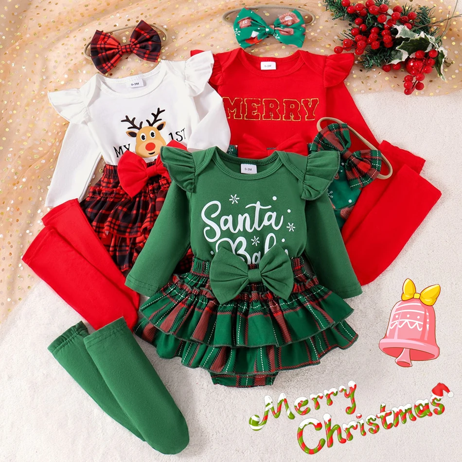 Baby Girls Christmas Long Sleeves Rompers Dress Newborn Xmas Party Print Bowknot Costume Bodysuits with Socks Hair Accessory