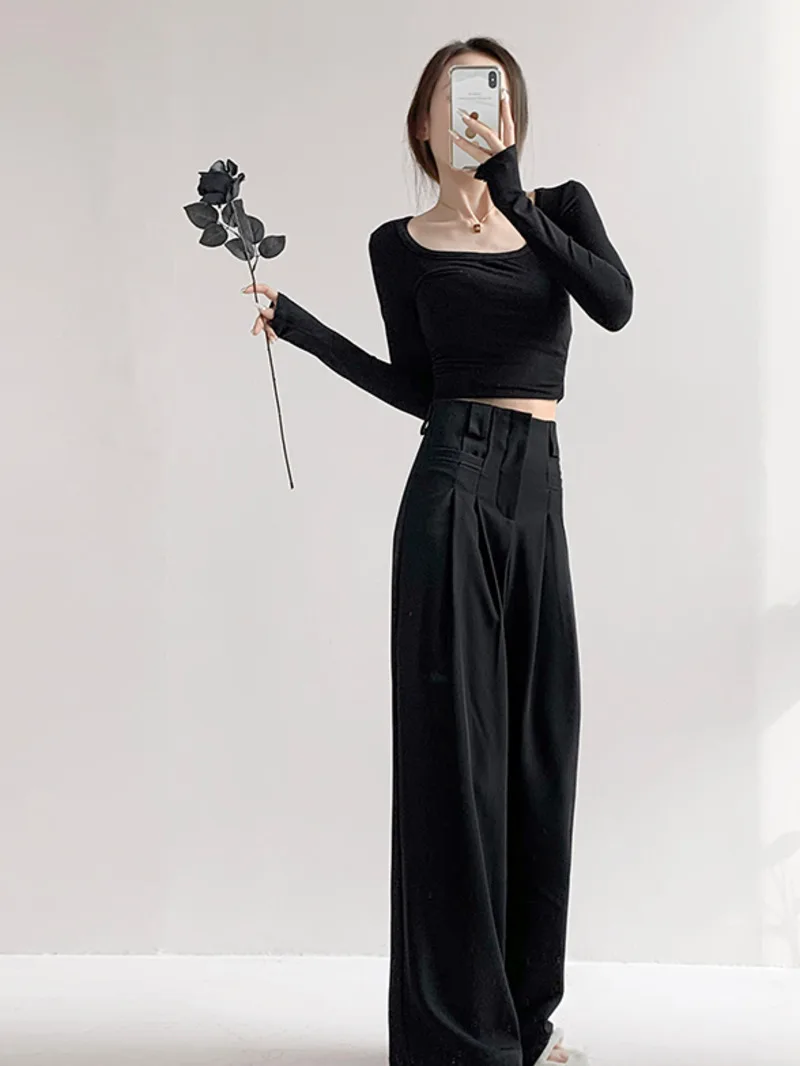 Spring/summer New High Waisted Straight Leg Floor Length Pants Women's Design Sense Double Pocket Pleated Loose Suit Pants 1W9O