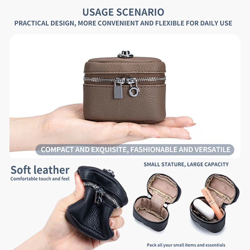 Compact Real Leather Neck Wallet Mini Hanging Lipstick Makeup & Earphone Pouch, Portable Crossbody Bag for Women