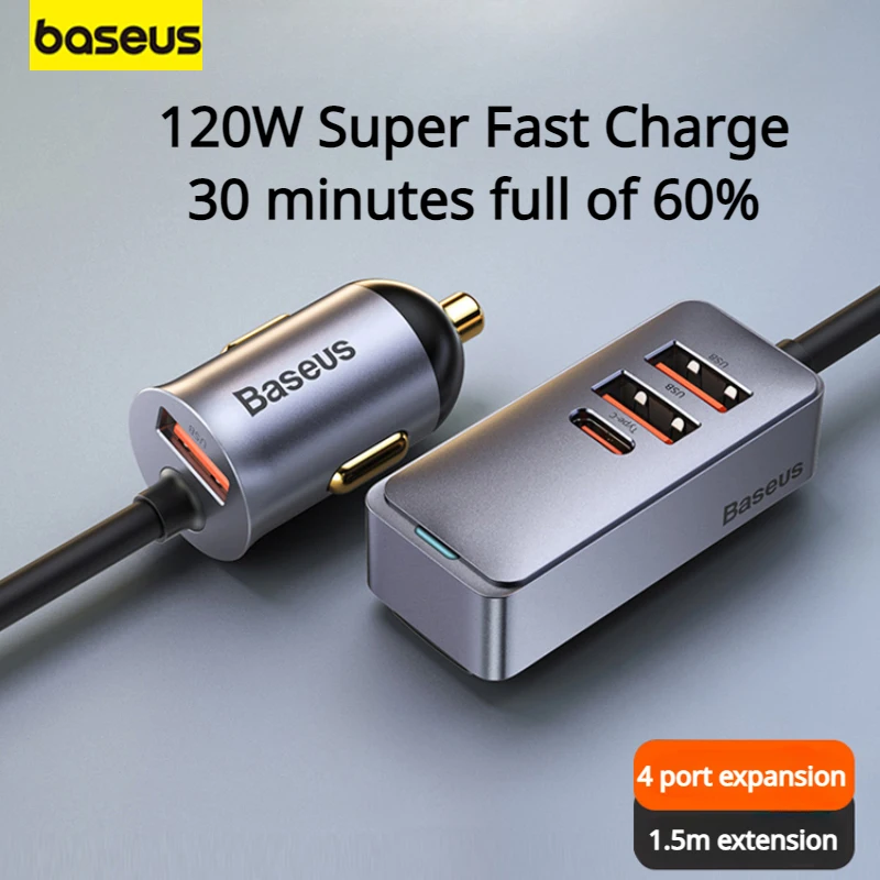 Baseus PPS 4 Port Fast Charging Car Charger with Cable 120W 3U+1C 2in1 USB Type-c Quick Charger Conversion Plug for Automobiles