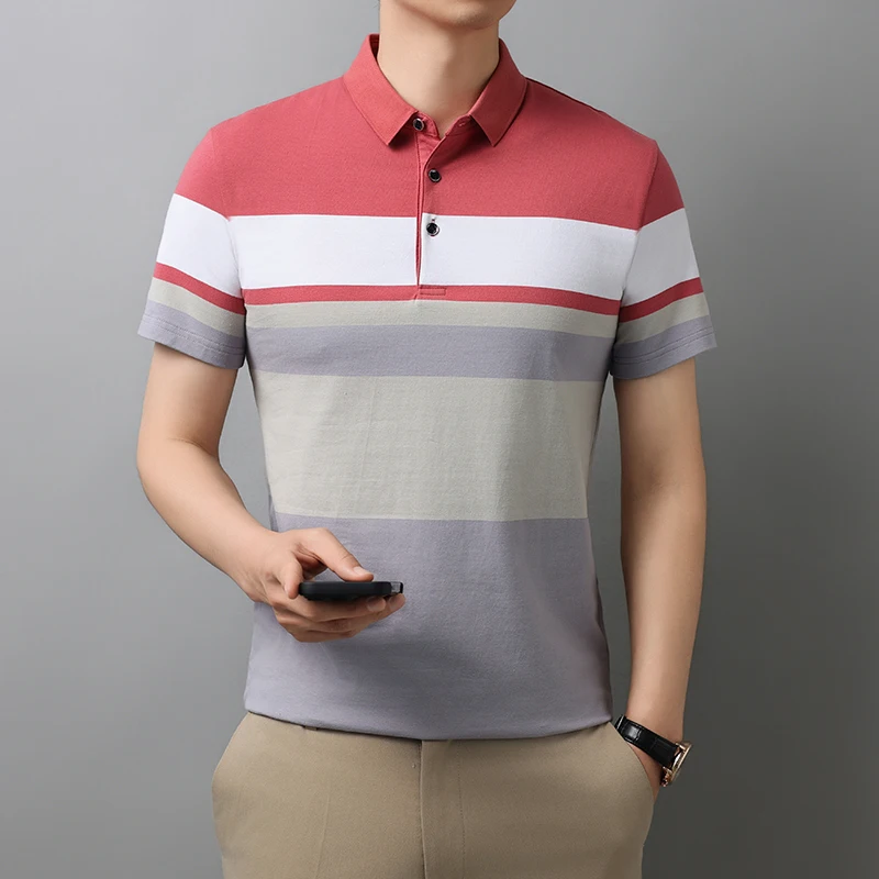 Summer Business Casual Polo Shirts Stylish Striped Men's Clothing Short Sleeve Commute Contrasting Colors Lapel Button T-shirts