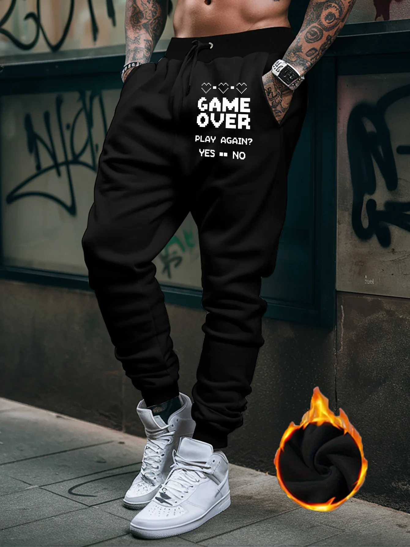 Gamer‑street retro pixel game slogan print graphic relaxed loose sweatpants men hip hop sports casual jogger pants