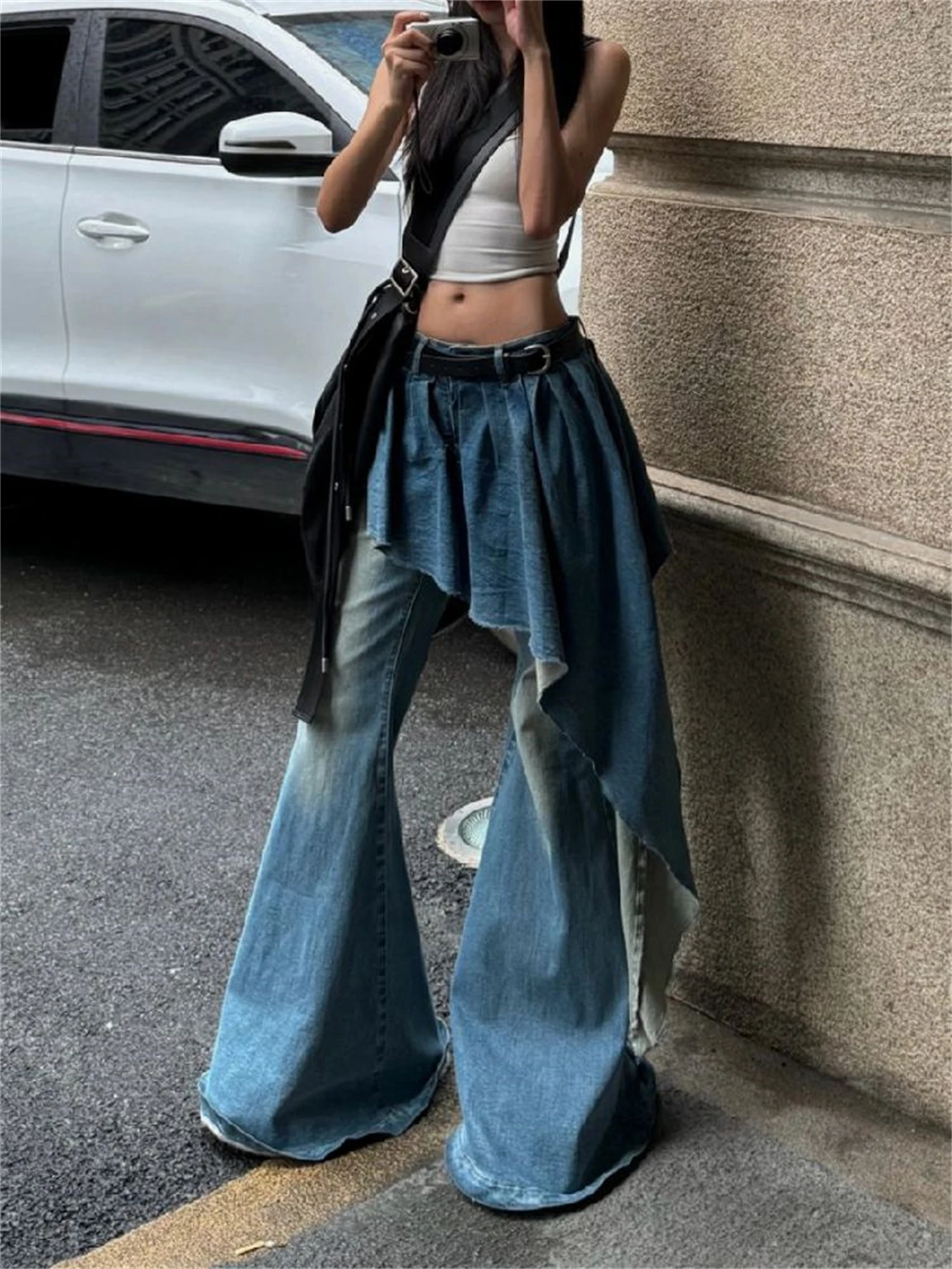 Women's High Waist Wide Flare Leg Light Blue Jeans Asymmetric Skirt Patchwork Chain Detail Vintage Y2K Streetwear Denim Trousers