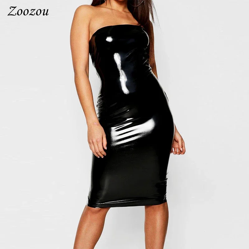 Sexy Strapless Latex Patent Leather Women Dress Black Sleeveless Bodycon Knee Length Pencil Dress Elegant Slim Lady Dress Custom