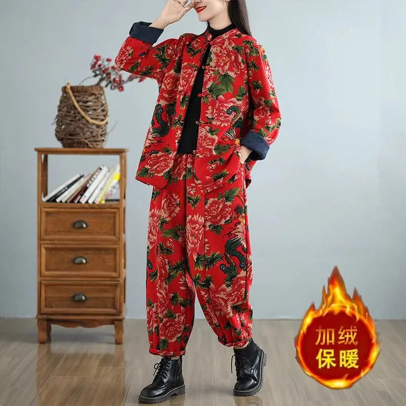 2024 Winter Clothing Ethnic Style Northeast Large Flower Thickened Fleece Warm Cotton Jacket Pants Set Two Piece Tracksuits A594