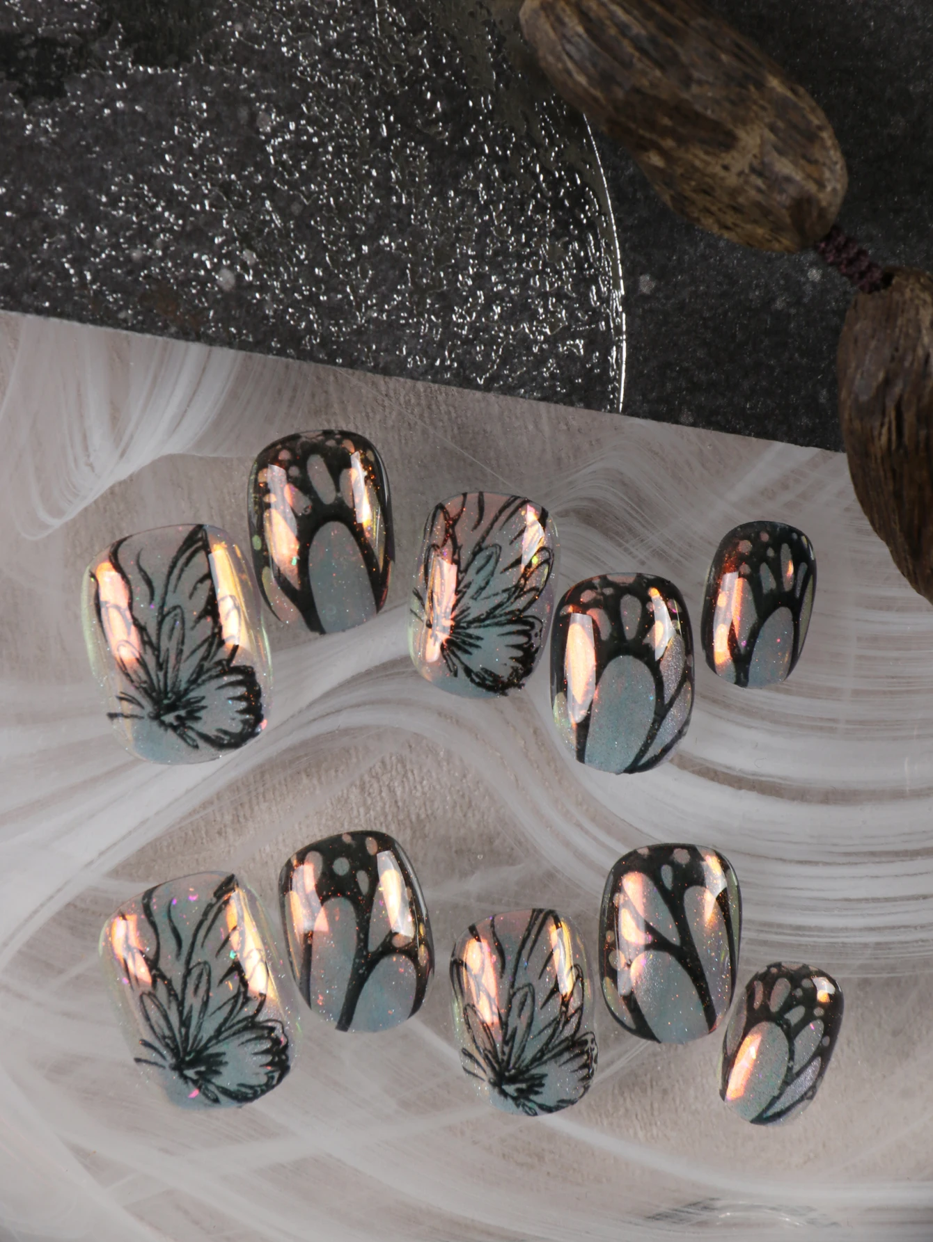 10Pcs Press on Nails Short Silvery Mirror Surface Black Butterfly Nails Fake Nails Includes 1 Sheet of Adhesive Tabs & 1 Pc Mini File
