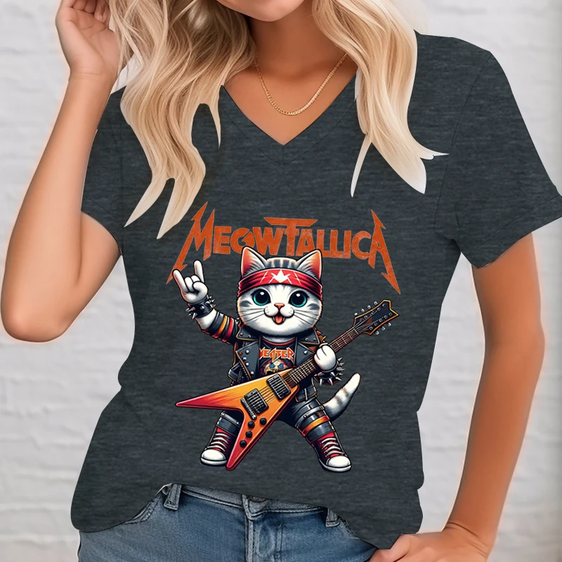 Miłośnik muzyki rockowej Koszulki z krótkim rękawem Kobieta Kot grający na gitarze Modne Casualowe Topy Koty Muzyka rockowo-rolkowa Prezent Kobieta T-shirt — zdjęcie 4