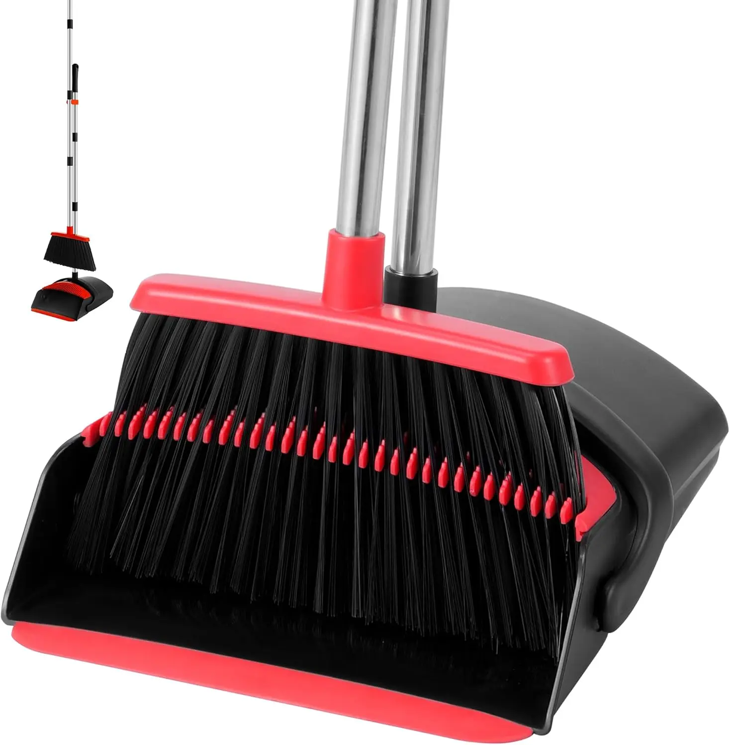 

52-Inch Adjustable Broom and Dustpan Set with Comb Teeth for Pet Hair, Kitchen, Home Cleaning (Black)