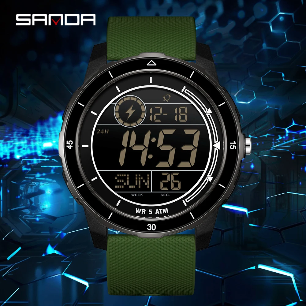 SANDA 2205 ساعة إلكترونية للرجال موضة رياضية متعددة الوظائف مقاومة للماء LED العد التنازلي ساعة إلكترونية فاخرة للطلاب